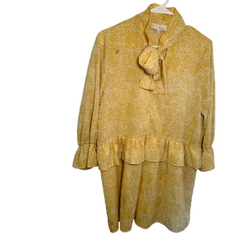 Pinch Womens Size Large Ruffle Dress Yellow White Geometric Dot Pattern Neck Tie